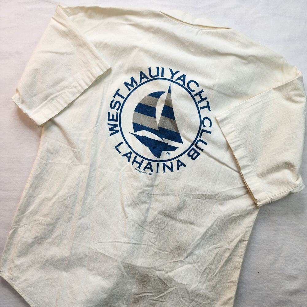 Vtg 1980 Crazy Shirts Button Front Beige Maui Yacht Club Hawaii Short Sleeve HTF